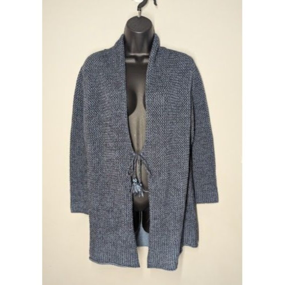 J.Jill Womens Long Cardigan Sweater Size M Blue Wool Blend Knit Tassel Tie Front